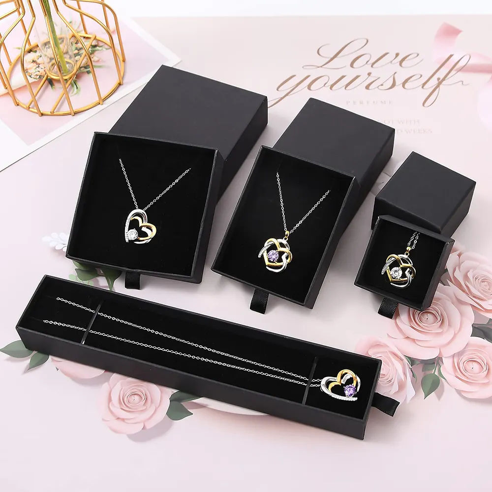Vendita calda personalizzata anello collana orecchini gioielli scatole di imballaggio nero belle scatole di carta regalo estraibili