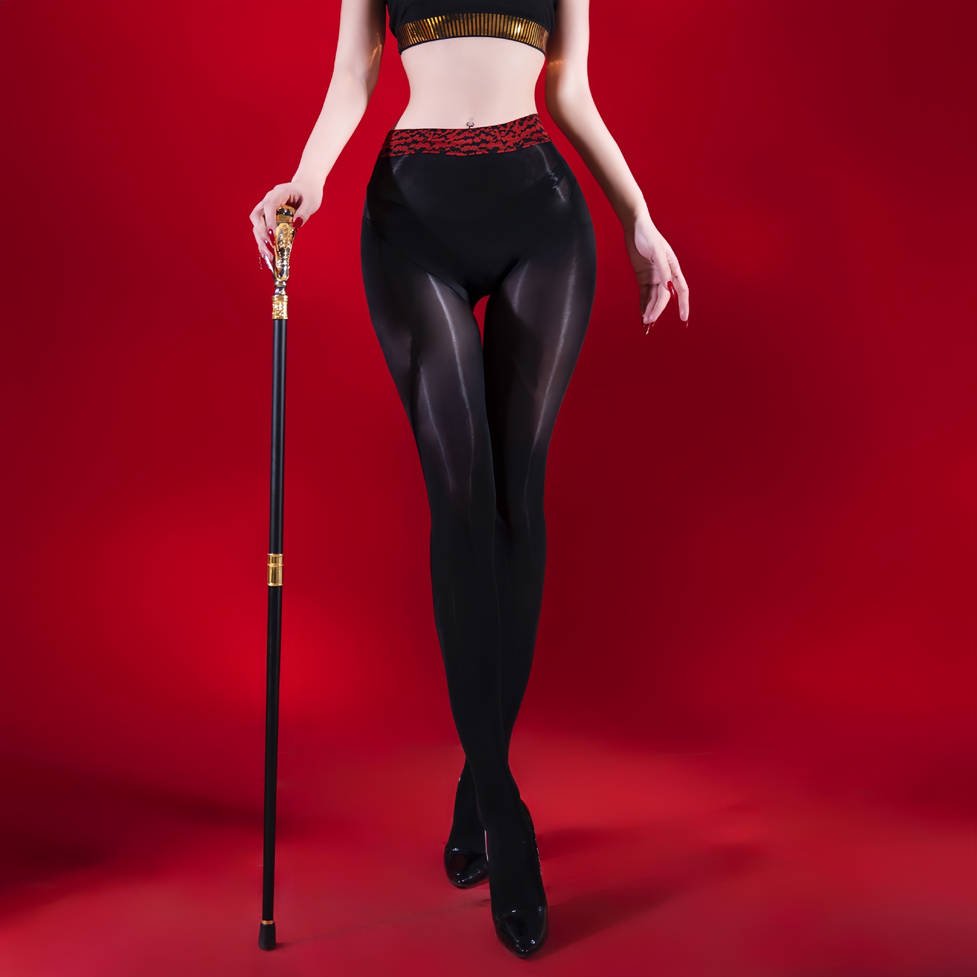 Red waist and black stockings