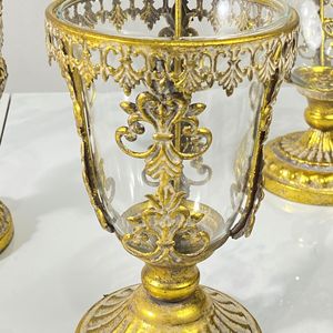 金色中心件餐桌装饰花瓶套装金属独特艺术家居装饰中空玻璃花瓶