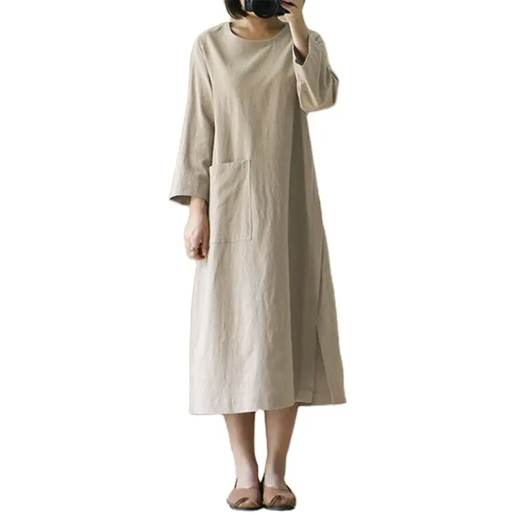 Женское платье средней длины из хлопка и льна, с длинным рукавом