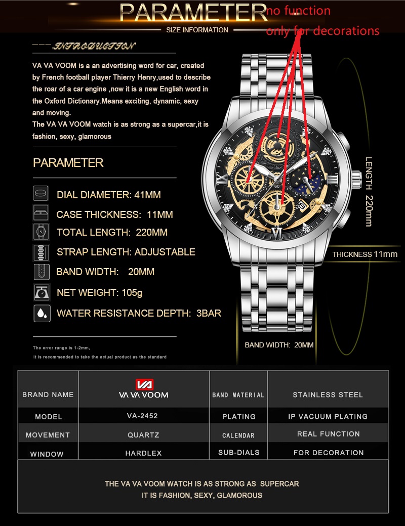 VAVA VOOM Original Watch Men's Waterproof Stainless Steel Quartz Analog Fashion Business Sun Moon Star Wristwatches