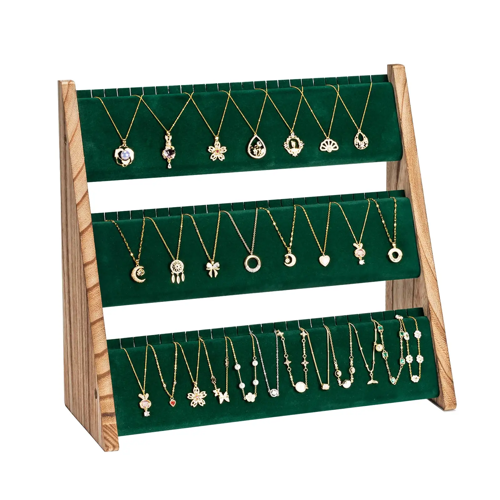 Prateleira de madeira maciça ou madeira compensada, suporte multifuncional para pulseiras e colares, vitrine de madeira para joalheria e varejo, 3 camadas