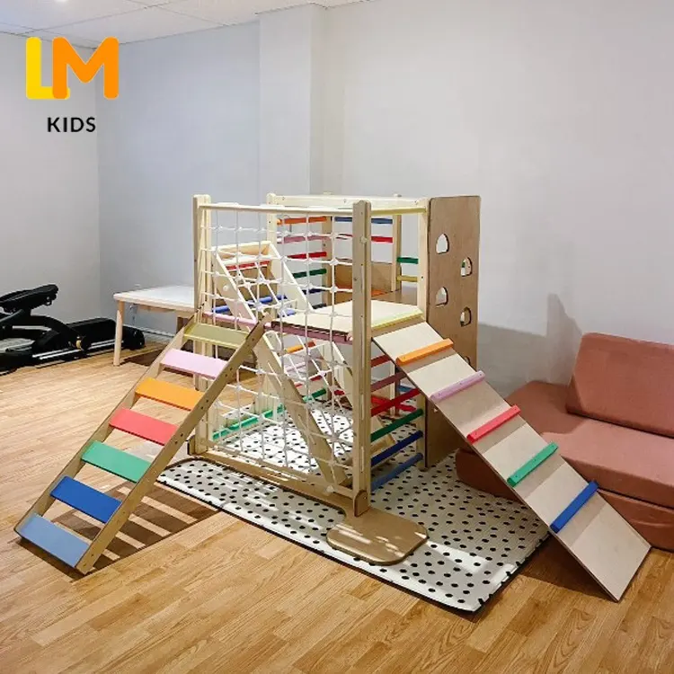LM KIDSMontessori Indoor Climbing Frame Wooden Toys Game With Slide Swing Ramp Sets Kids Pickler Toddler GYMs kids gym