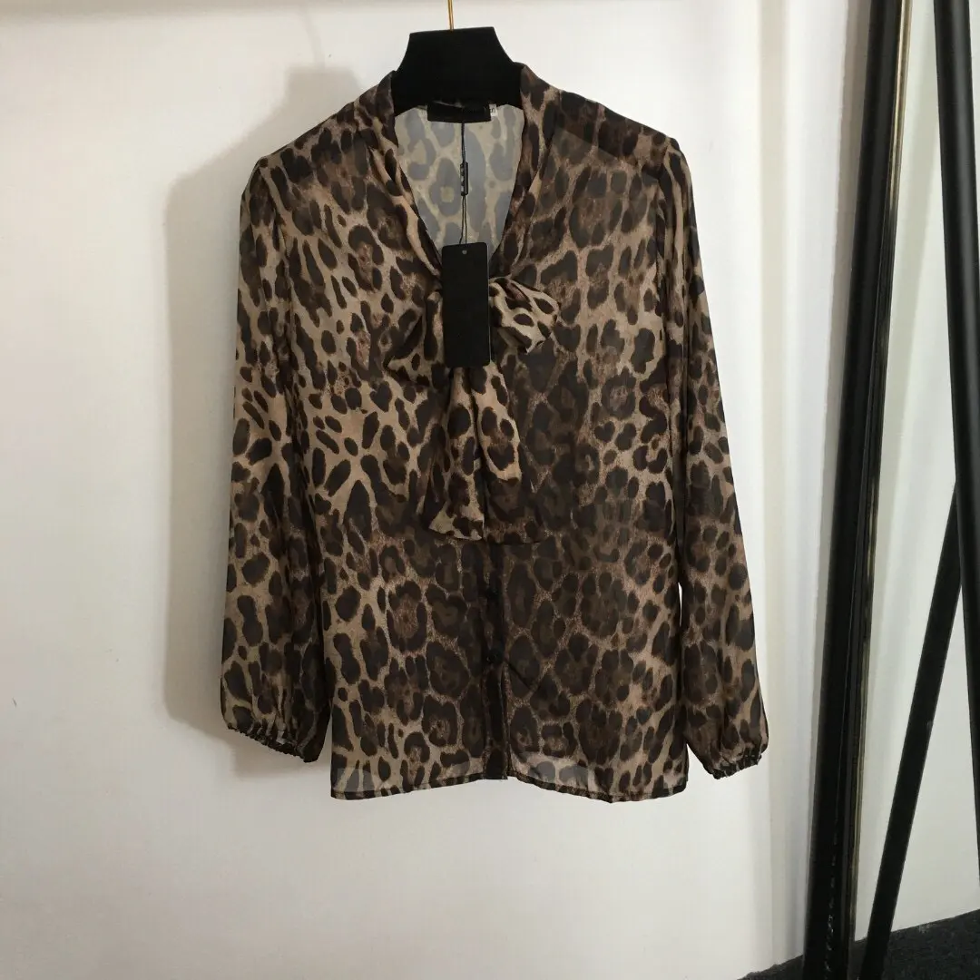 New summer women's long sleeve shirt sexy leopard print bow tie shirt