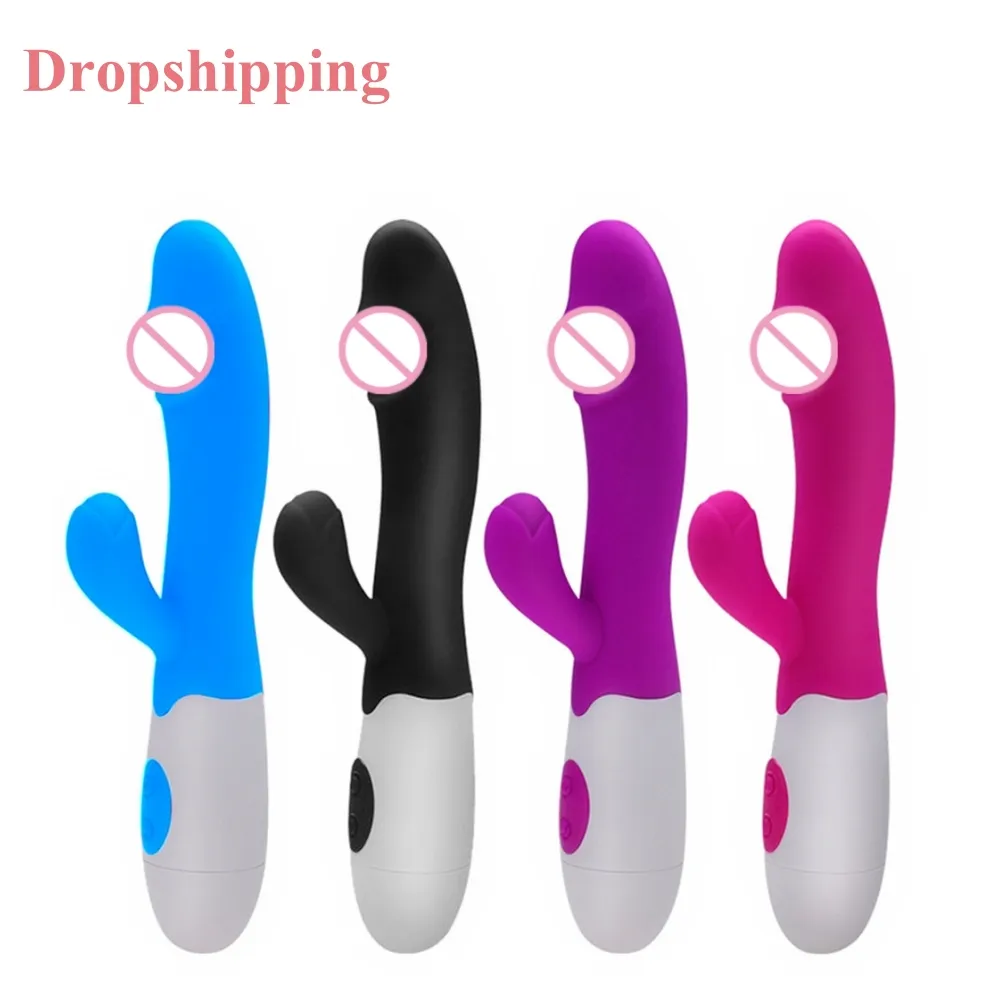 Dropshipping 30 velocidades Dual Rabbit Dildos Silicone Consolador Vibradores Mujer G Spot Stimulator Dildo Vibrador para mujeres