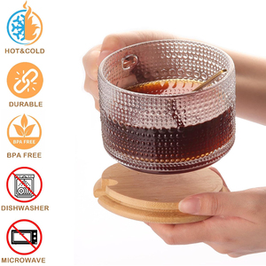 Reusable Food Grade Breakfast Embossed Glass <strong>Cups</strong> With Handle Stackable 14OZ Vintage Glass Coffee Mugs With Lids <strong>Golden</strong> Spoons