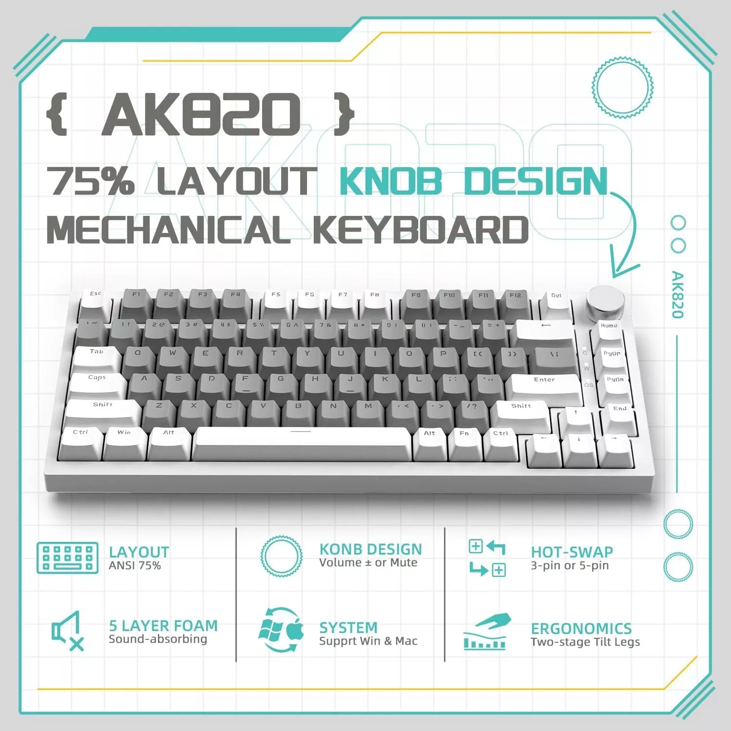 AK820 - Interrupteur Jaune - Blanc Gris - Lumière Blanche - DIY