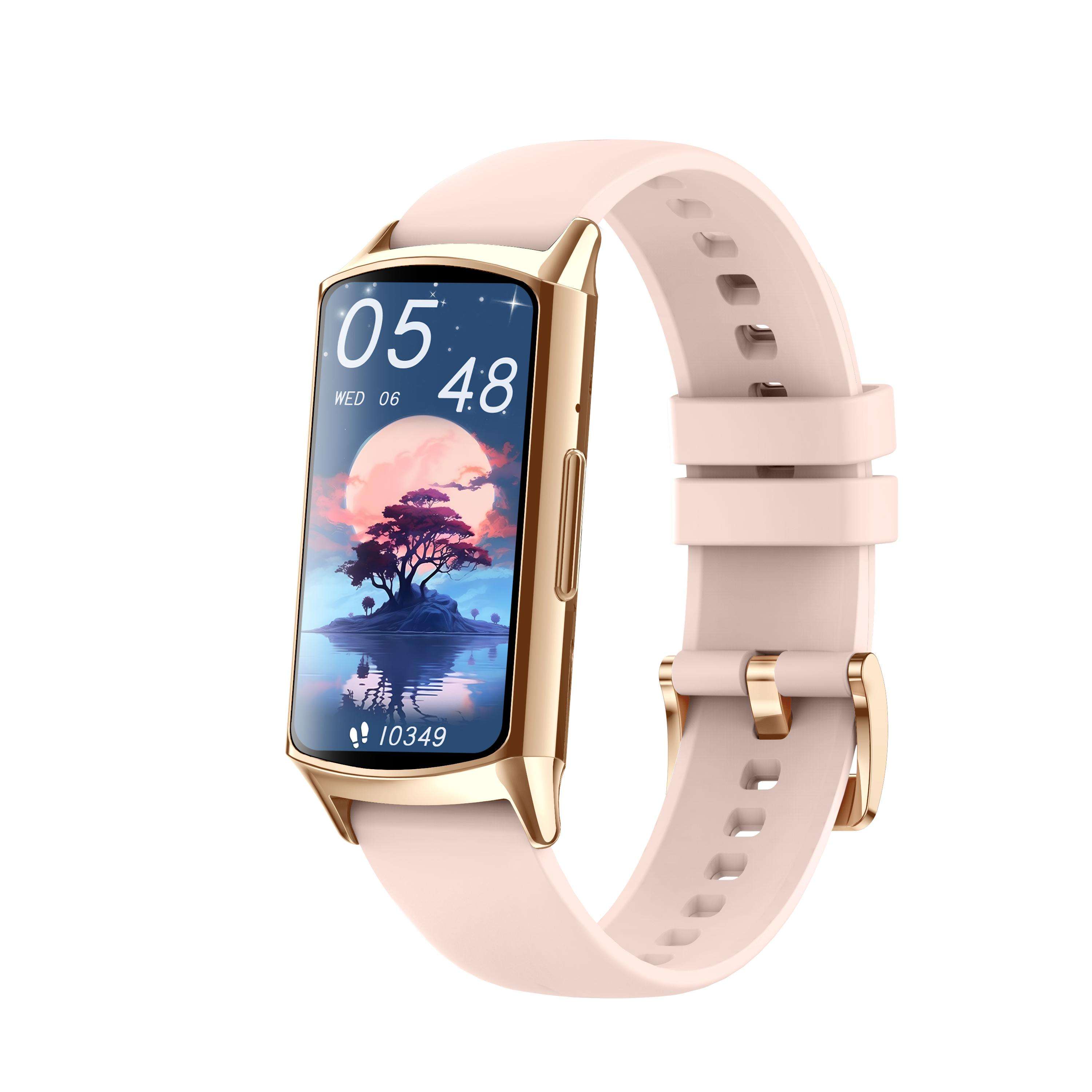 Gold frame with pink silicone band