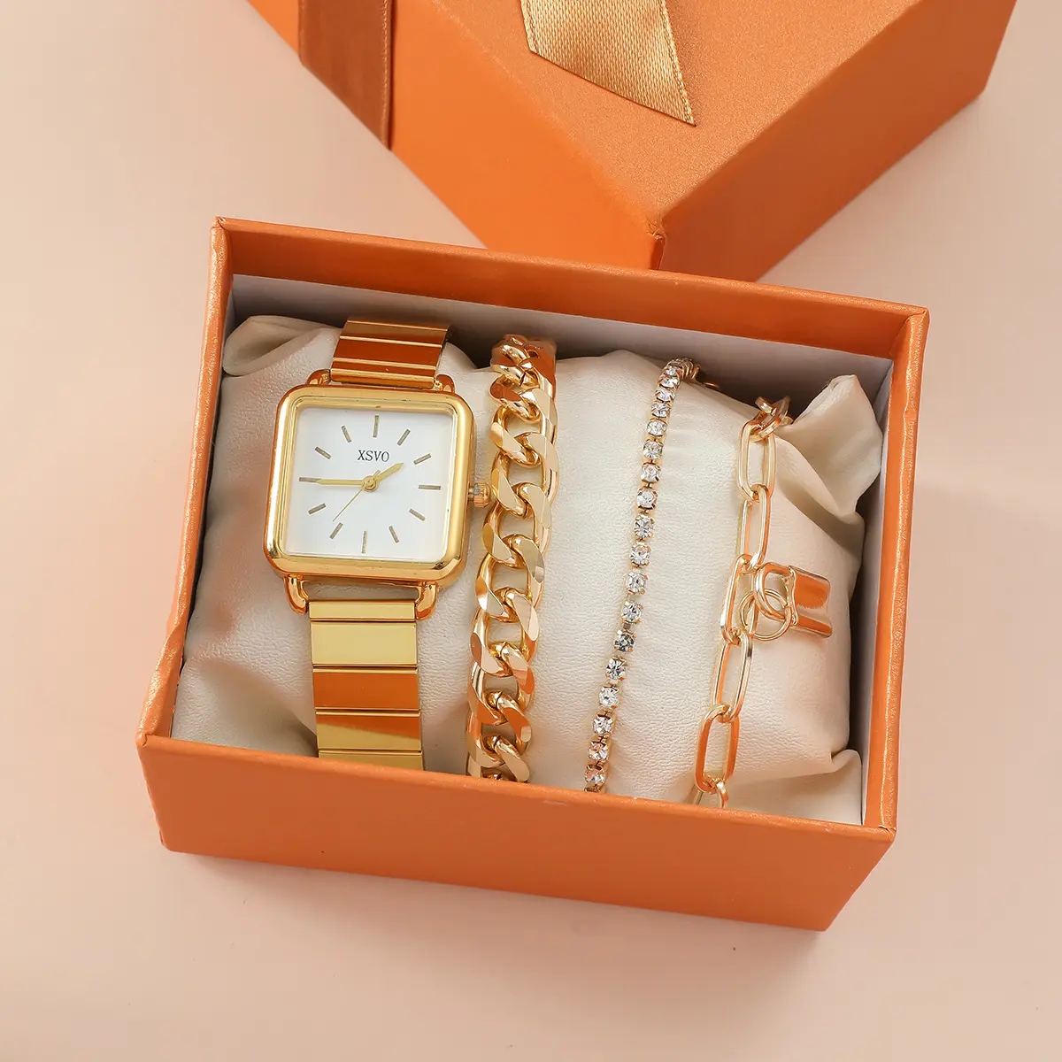 Reloj de lujo 1 Juego de números romanos de moda con incrustaciones de diamantes reloj de oro pulseras conjunto de joyería regalo para mujeres