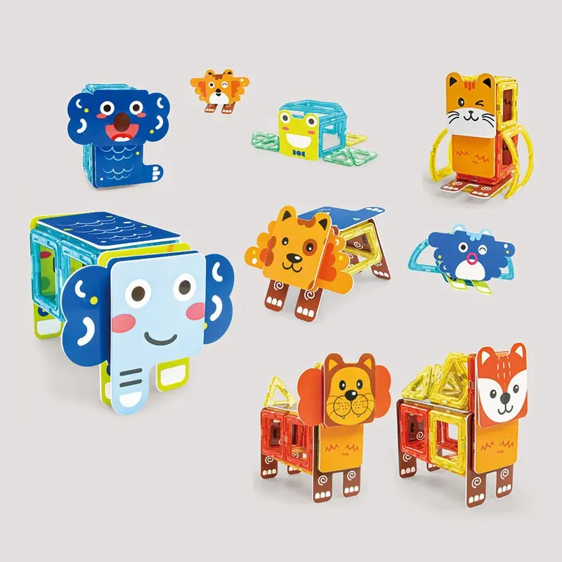 最新の60個の魔法のDIY磁気タイルビルディングブロックおもちゃの磁石タイル動物ビルドセット子供用磁石建設キット