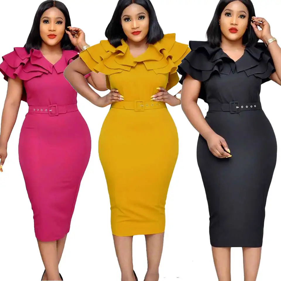 Mulheres africanas Elegante Vestido De Verão V-Neck Bodycon Escritório Midi Vestido Sólido Curto Plissado Manga Vestido com Cinto