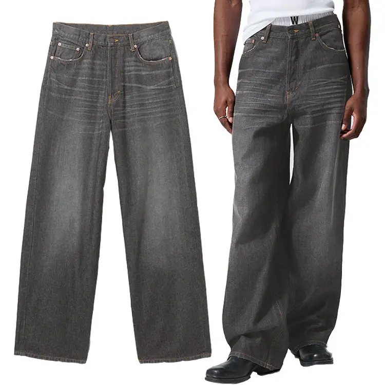 Pantaloni jeans di ultima generazione a gamba larga con pietra Grey scura e jeans larghi personalizzati jeans Casual Skating Street denim da uomo