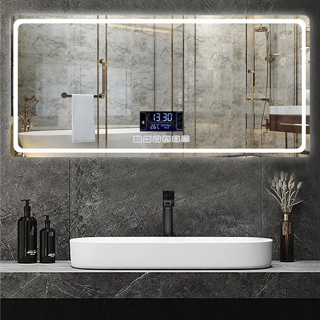 Espejo inteligente Rectangular Simple moderno con pantalla táctil Espejo de baño de borde esmerilado equipado con función de eliminación de niebla