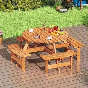 Picnic Table Set for 8 People, Pine Wood Garden Table with Umbrella Hole and 4 Benches for Garden/<strong>Patio</strong>,<strong>Round</strong> Seating Set,179cm - Product Image 3