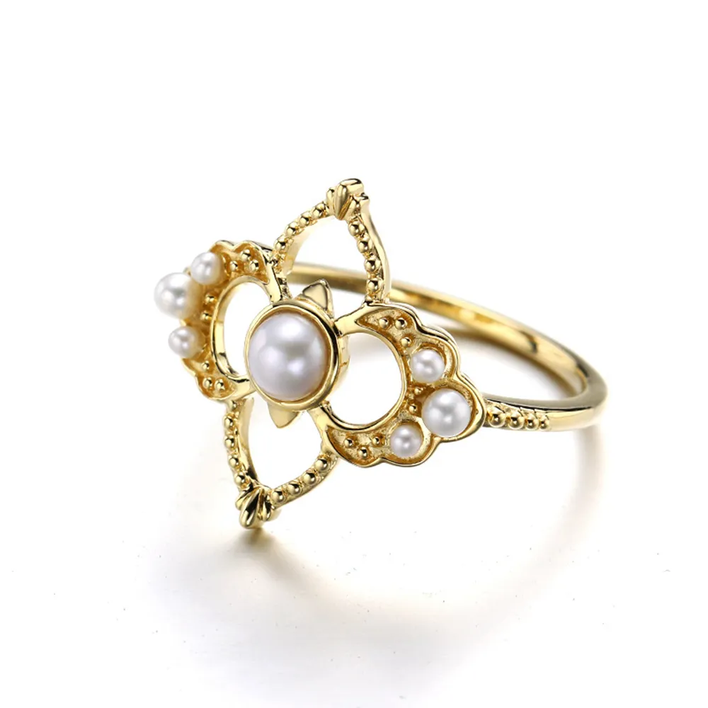 Collana di perle di fiori con anello vuoto retrò in argento Sterling 925 placcato oro 14K