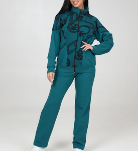 Hot bán của phụ nữ Teal in hai mảnh thiết lập Zip Up Áo khoác & giản dị Quần thời trang dạo phố trang phục - Product Image 4