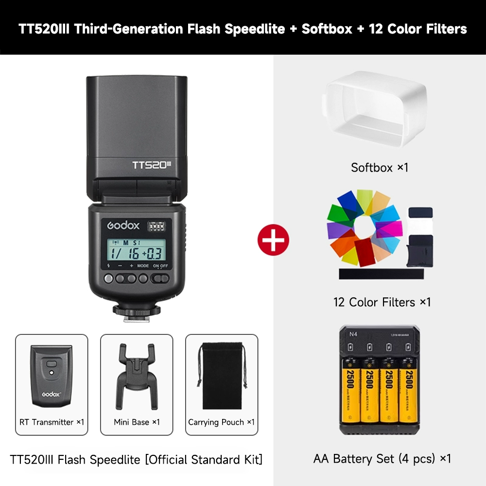 TT520III + Boîte à lumière douce + 12 filtres de couleur + Jeu de piles AAAA