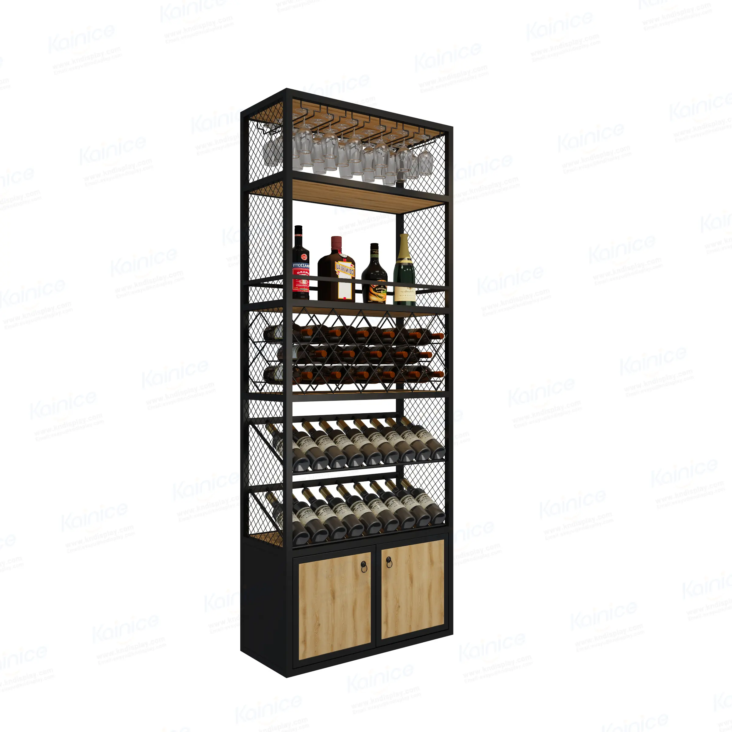 Kainice vetro vino di stoccaggio in legno mobile in piedi con stile unico impilabile vino espositore supporto con supporto di vetro