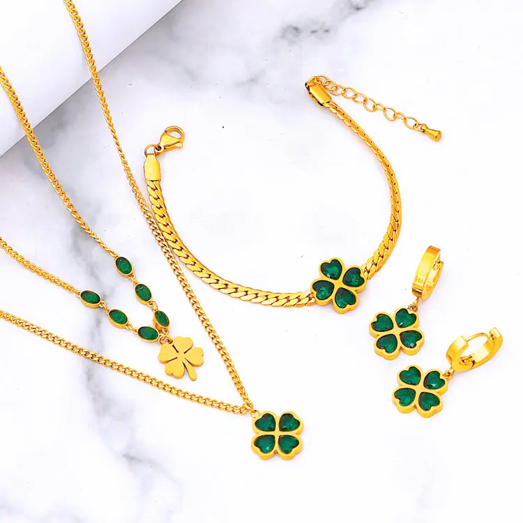 Wholesale 18K Gold PVD Plated Stainless Steel Waterproof Flower Pendant Earring Emerald Necklace Fine Jewelry Sets