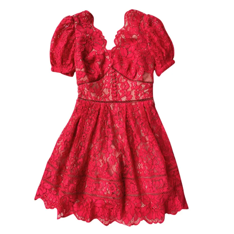 Vestido ceñido de primavera para mujer, con pestañas y encaje rojo, para vacaciones