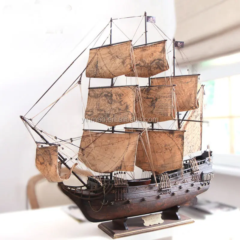Barco Pirata de madera con Perla Negra, modelo de barco de vela antiguo de 95cm de longitud, Serie de película caribeña