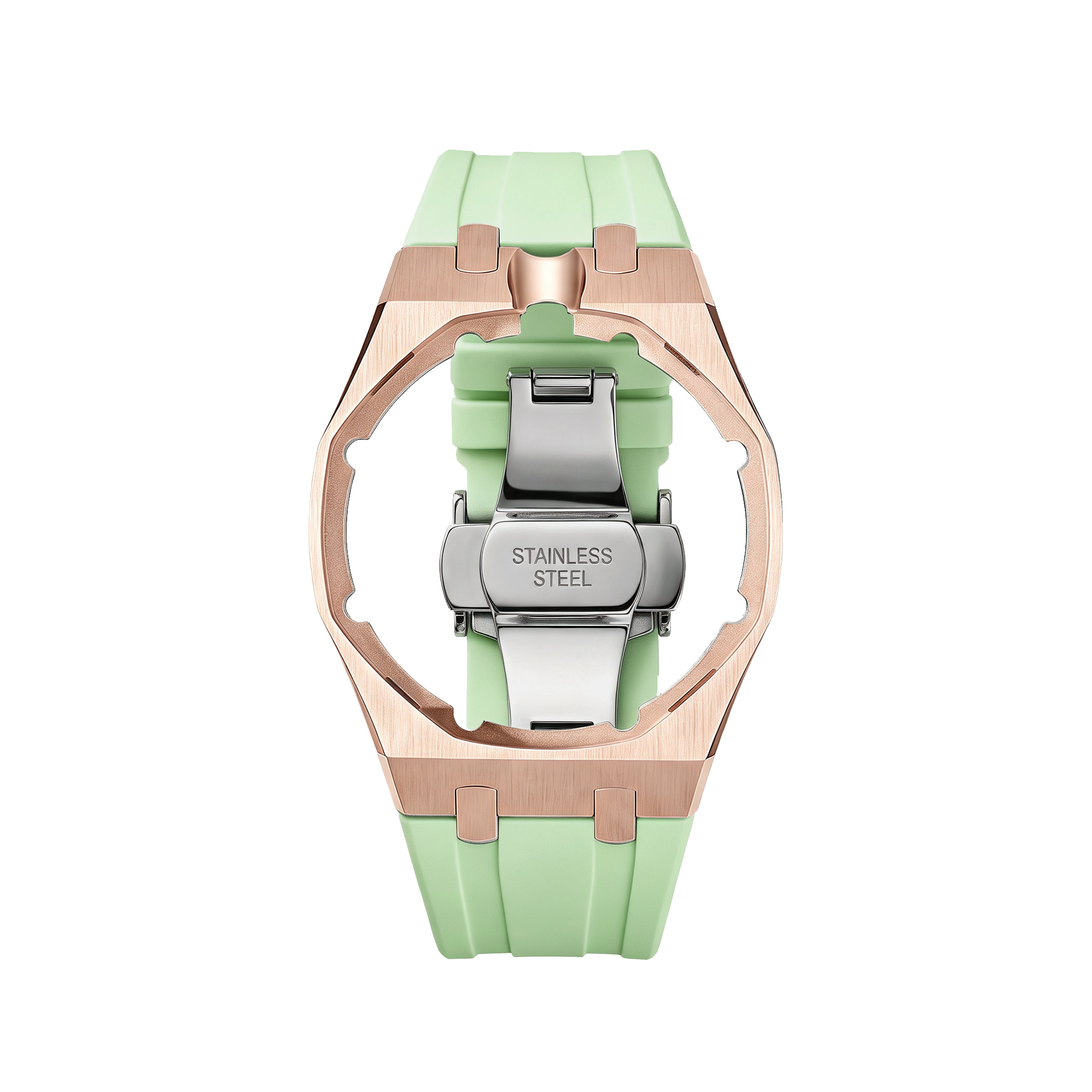 Boîtier en acier inoxydable or rose + bracelet en silicone vert menthe