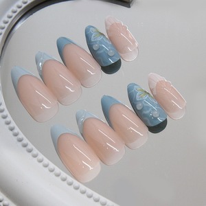 24 Pcs/set French Summer Floral, Shell, and Wave 3D Nails with Diamond Accents Nail <strong>Tips</strong> Press on Nails Wholesale Z896 - Product Image 3