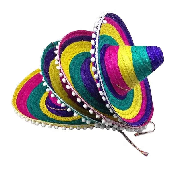 Chapéu sombra estilo méxico, chapéu da moda com pompoms, dança do méxico, listrados coloridos, chapéu de palha, bonito, chapéu de festa