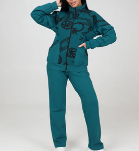 Hot bán của phụ nữ Teal in hai mảnh thiết lập Zip Up Áo khoác & giản dị Quần thời trang dạo phố trang phục - Product Image 1