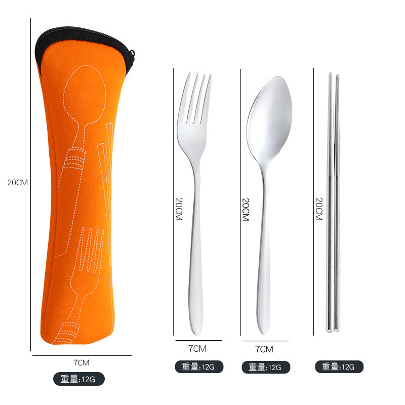 Juego de tres piezas de palillos, tenedor y cuchara con cuerpo ligero, color naranja