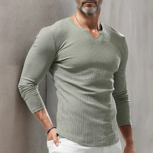春の新無地スリムフィットメンズスモールVネック通気性スポーツコットンカジュアル長袖Tシャツ - Product Image 2