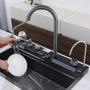 2024 popüler büyük tek Slot İşlevli lavabo Anti-Scratch LED dijital ekran 304 paslanmaz çelik şelale mutfak lavaboları - Product Image 3