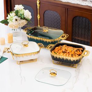 Luxury <strong>Golden</strong> Color Porcelain Kitchen Tableware <strong>Baking</strong> Casserole Rectangle Double Handle Ceramic Bakeware With Wok Stand - Product Image 1