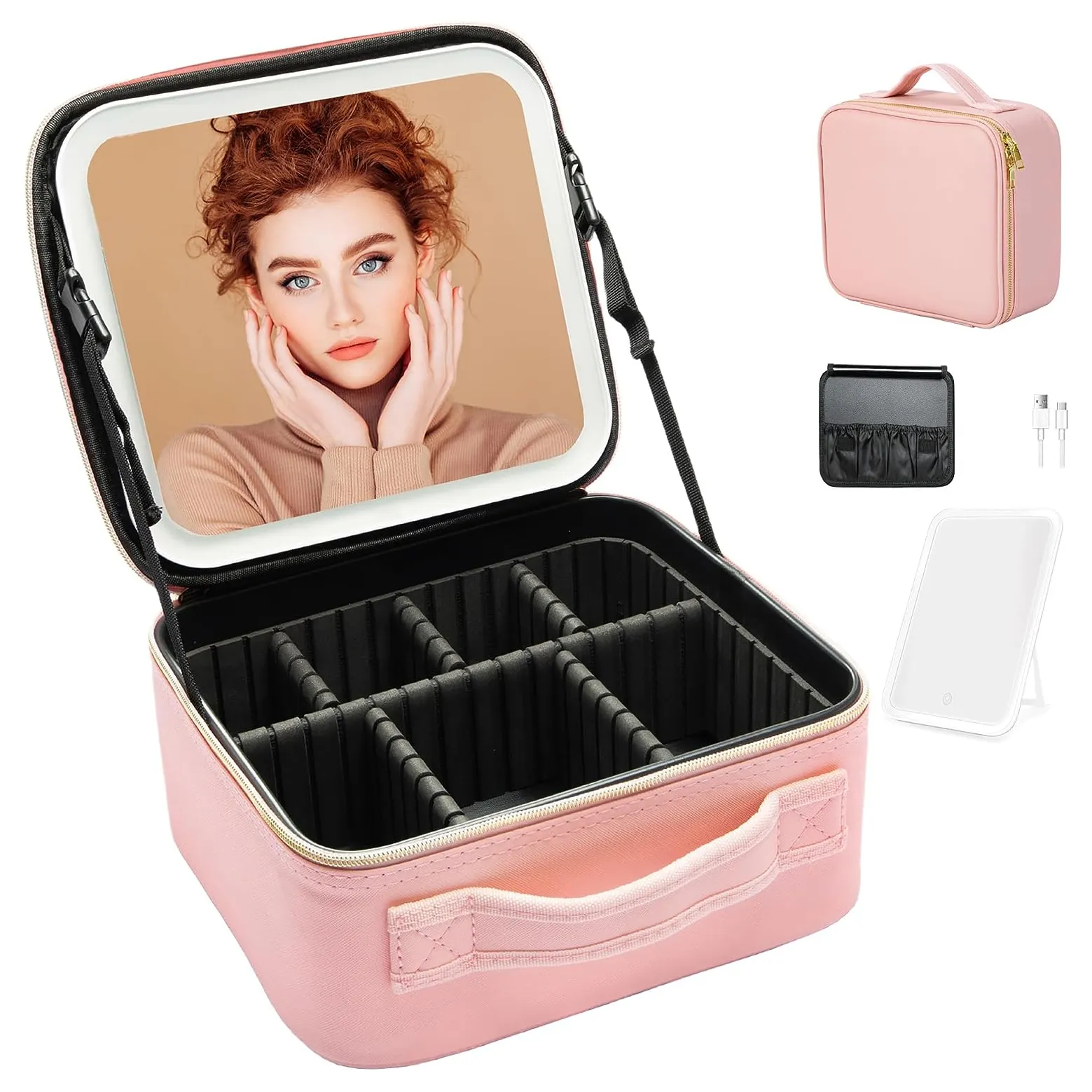 Portable Étanche Cosmétique Diviseurs Maquillage Sac Grande Capacité Bureau Maquillage Boîte De Rangement Rose Maquillage Sac Avec Led Miroir