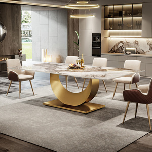 Mesa de comedor de mármol moderna rectangular de alta gama de 2m de largo y 10 plazas con tablero de pizarra Pandora y base dorada de acero inoxidable - Product Image 3