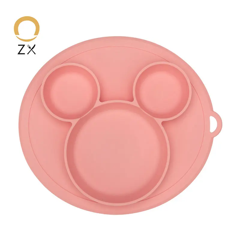 2021 Popular Mickey Shape feeding plate for Baby New Design Cute Mickey Three Holes Soft Silicone Children Food Plates