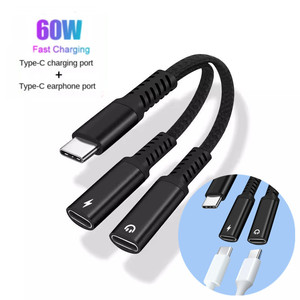 60W PD Splitter 2 in 1 tip C çift USB C ses şarj adaptörü tip C kulaklık hızlı şarj kablosu iphone 15 için - Product Image 2