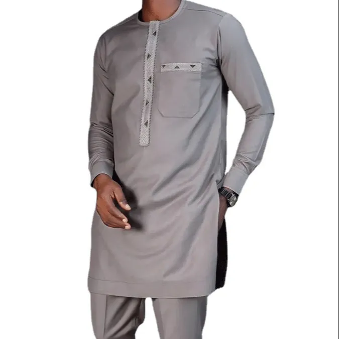 2023 Sommer Grau besticktes Spitzen futter hemd und Hose Muslim Afrikanische Kleidung Lässiger eleganter Hochzeits anzug für Männer Kaftan