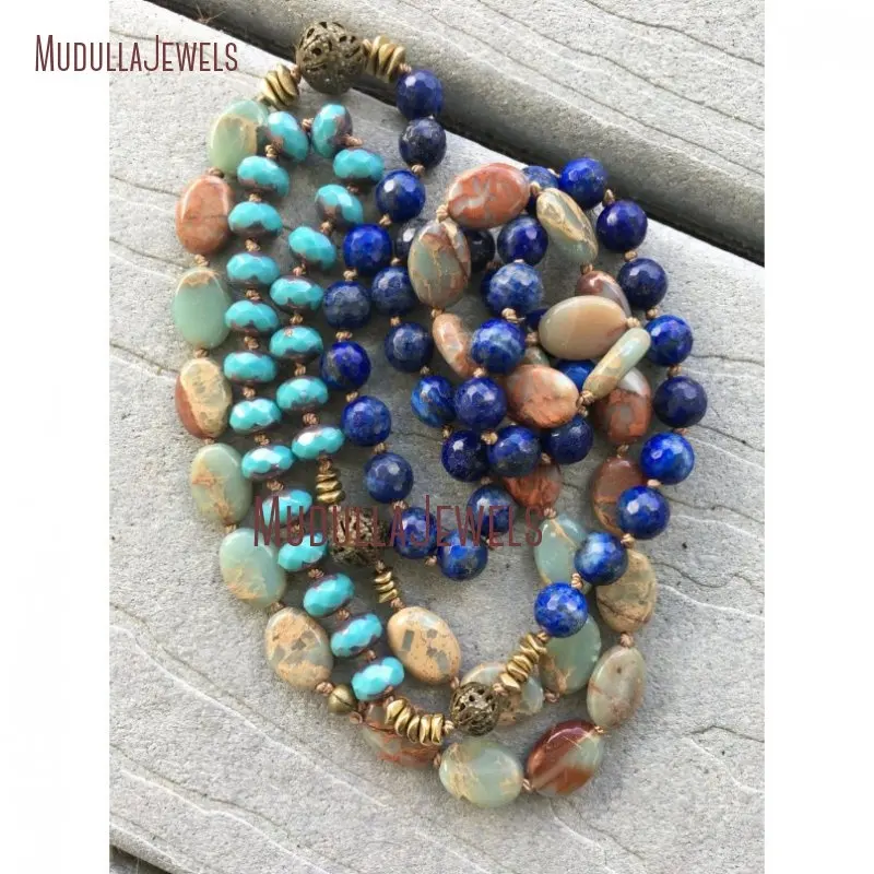 NM20375 Bohemian Long Layering Aqua Terra Jasper Lapis Czech Beads Hand Knotted Necklace