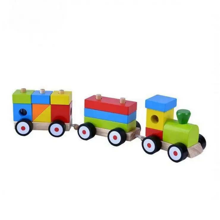 Set mainan edukasi anak-anak, kayu blok bangunan kereta api