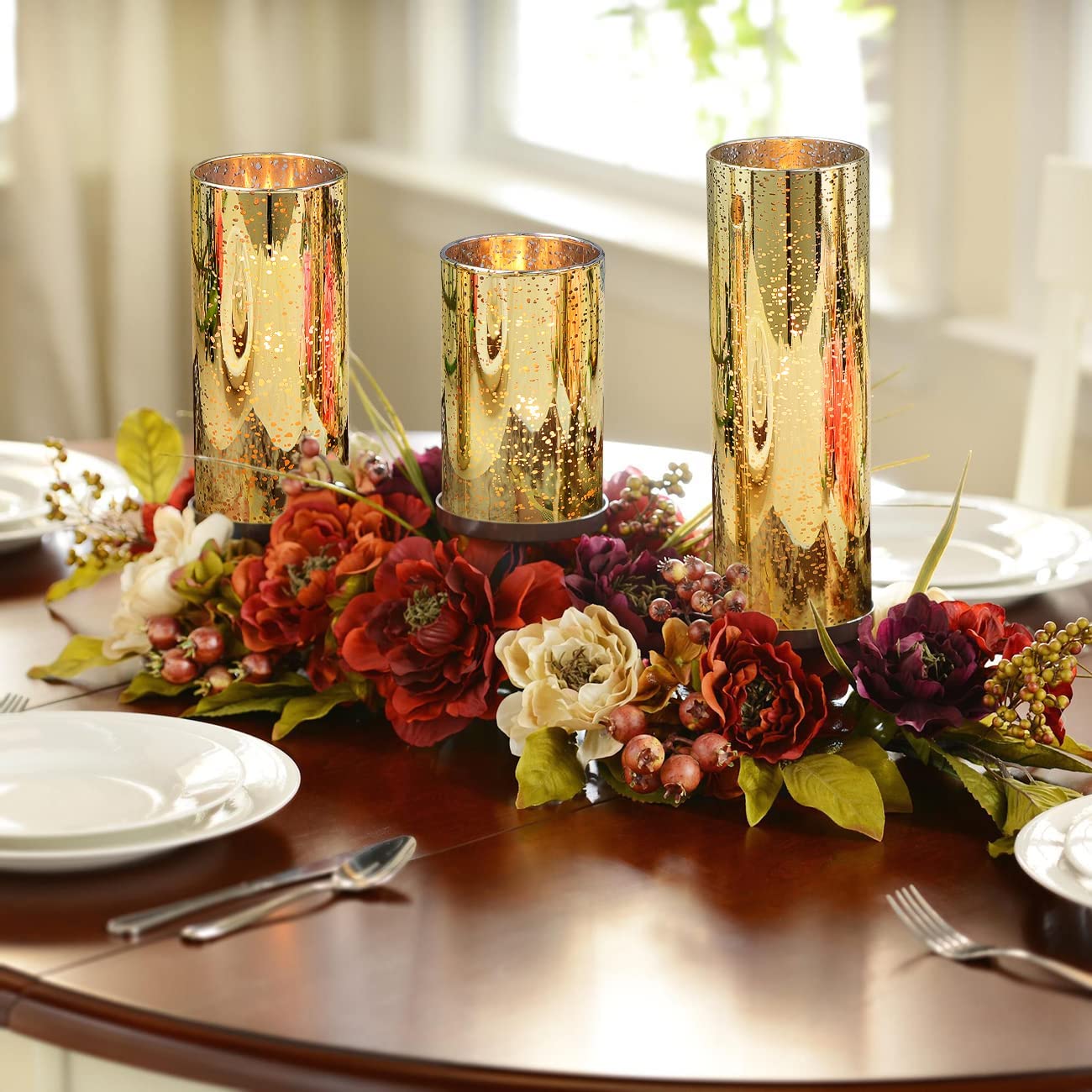 Gold Pillar Candle Holders (D:2.2'') Mercury Glass Candle Holder 3pcs, Gold Wedding Centerpieces Cylinder Glass Vase