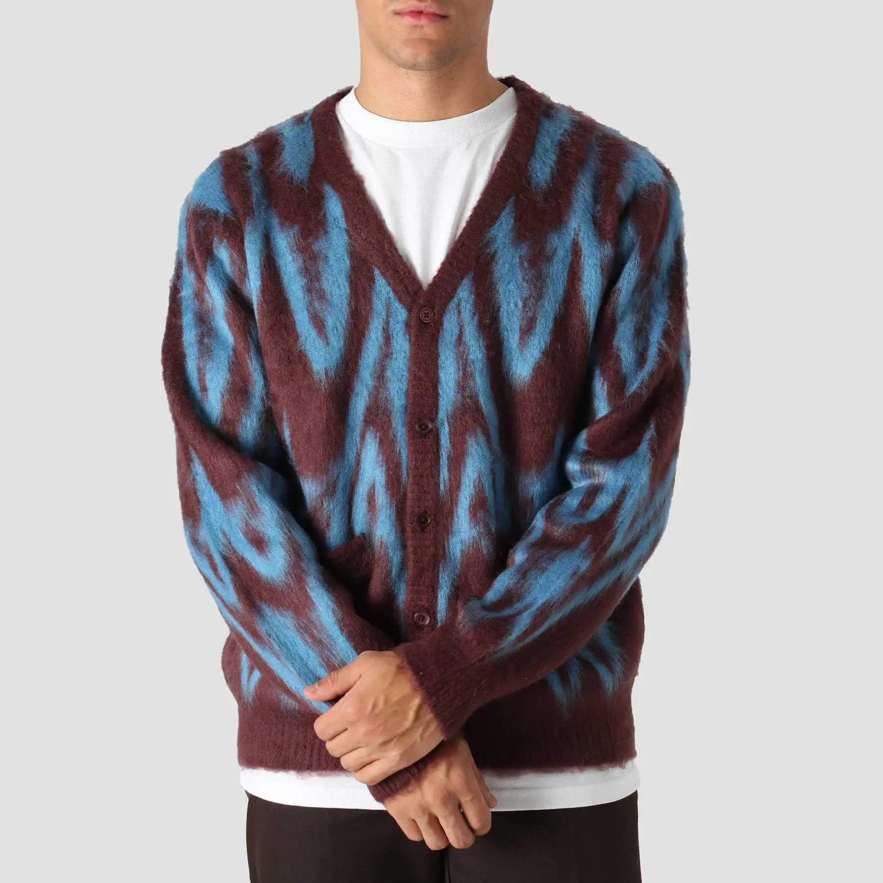 Cardigã masculino de primavera de alta qualidade com padrão de onda de angora tricotado em jacquard