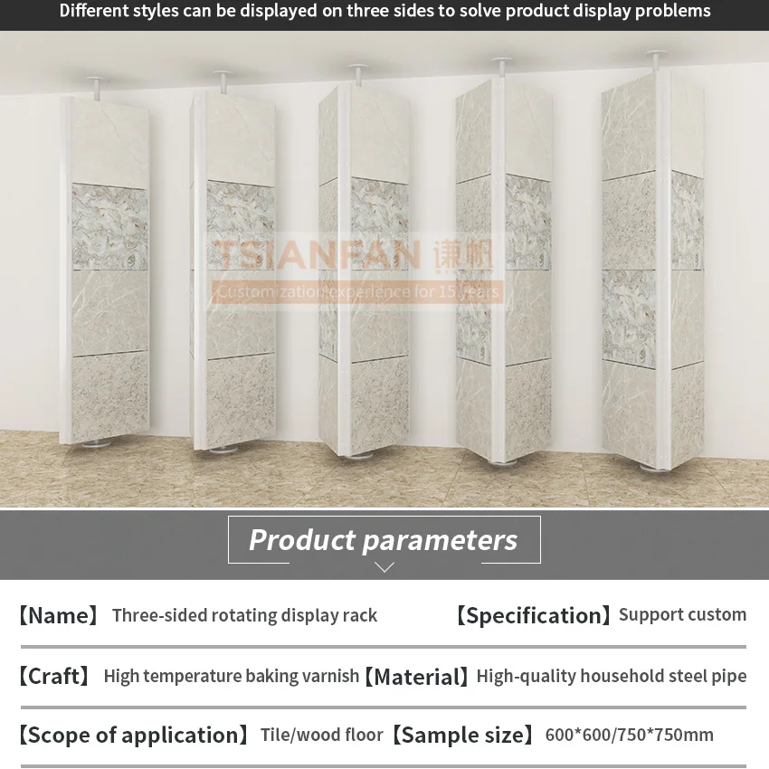 Tsianfan Exhibition For Custom Three Sided Ceramic Quartz Rack Marble Tiles Triangular Case Showing Rotating Stone Display Stand
