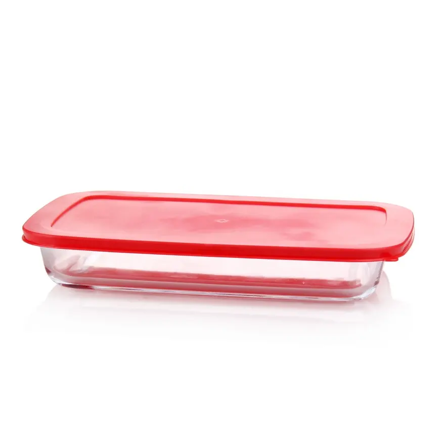Plaques de cuisson en verre résistant à la chaleur de haute qualité avec couvercle en silicone plaque en verre rectangulaire de couleur rouge pour four à micro-ondes plateau en verre sûr