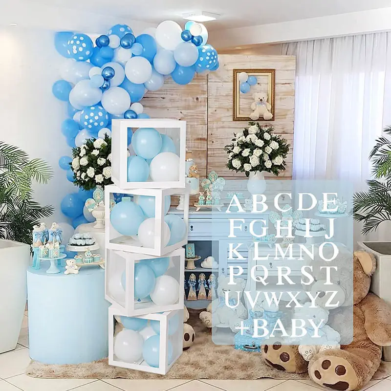 Hete Verkoop 4 Stuks Transparante Ballon Set Geschenken Brief Boy Box Witte Baby Shower Box Voor Baby Shower Verjaardagsfeestje Leverancier