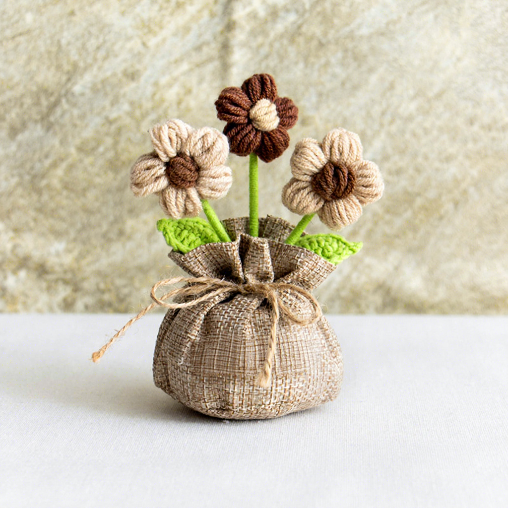 Sac porte-bonheur marron fleur feuilletée