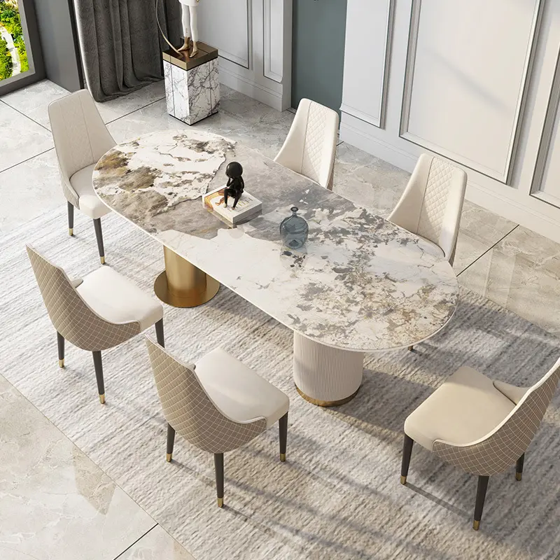 Conjunto de móveis de metal, conjunto de mobiliário de metal aço inoxidável de fábrica conjunto de mesa de jantar de mármore moderno