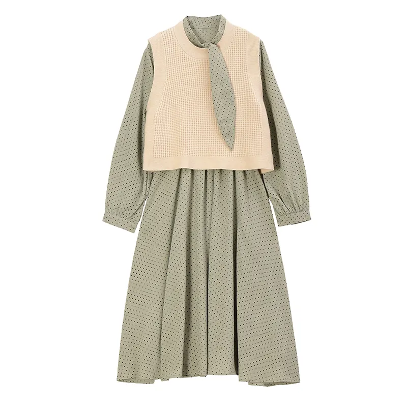Vestido informal de lunares para mujer, ropa de mujer, chaleco tejido, conjunto de 2 piezas para primavera