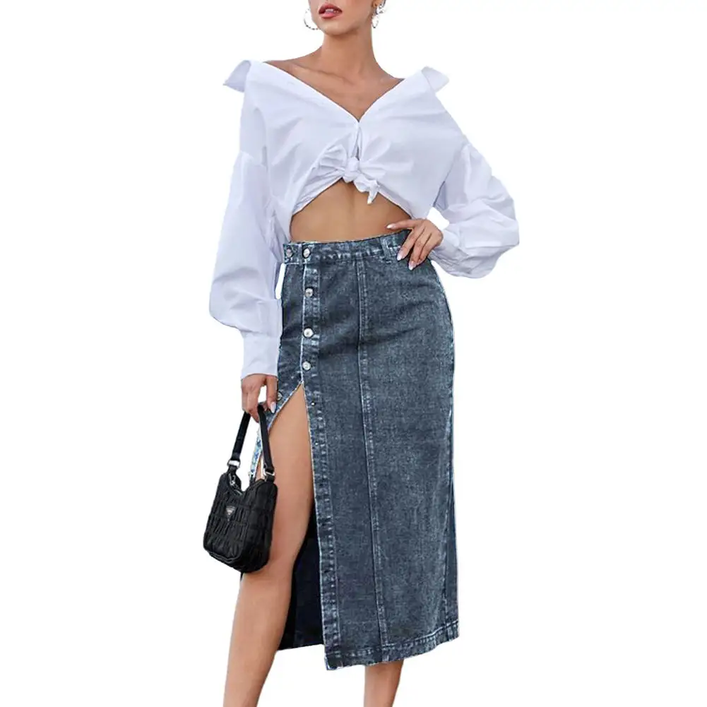 Kadınlar için 2023 özel moda uzun Jean etekler düğmesi bölünmüş Midi Denim etek