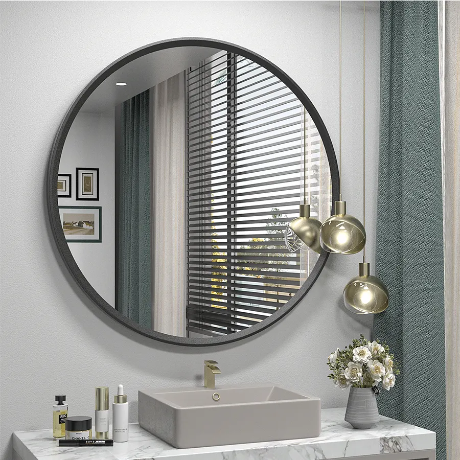 Miroir rond argenté décoratif pour salle de bain avec cadre miroir mural en métal décoratif pour le salon